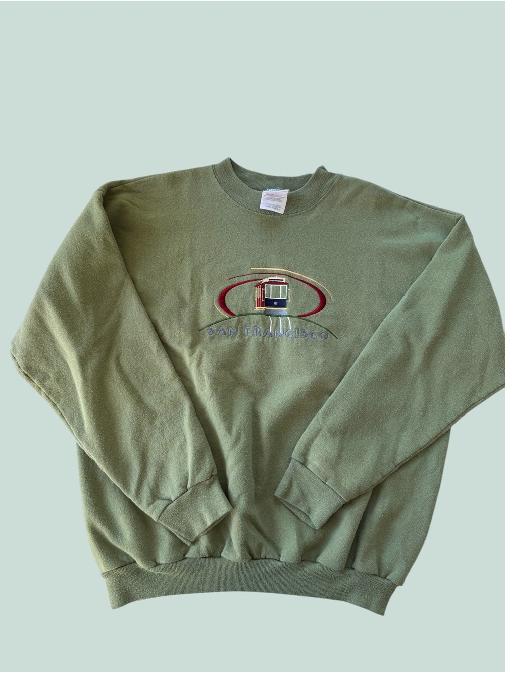 Hanes Olive Green Crewneck Sweatshirt with San Francisco Cable Car Embroidery